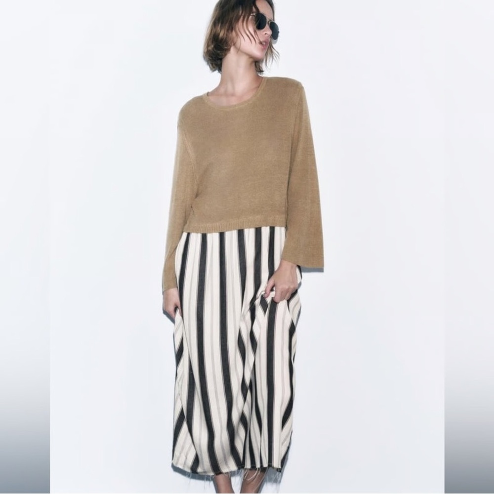 Zara Tan and Black Striped Midi Skirt#100